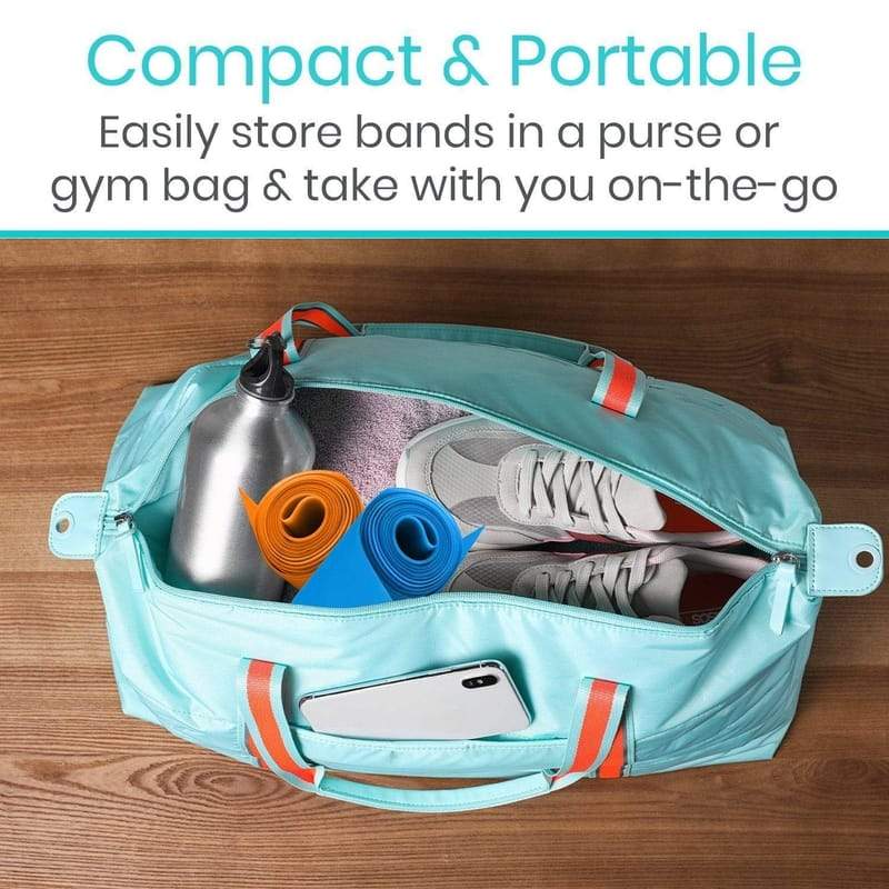 Compact and portable. Easily store bands in a purse or gym bag and take with you on-te-go